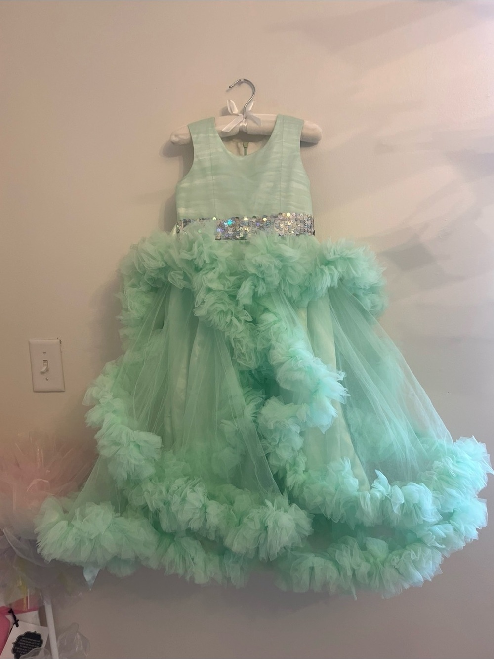 Girls' Mint Tulle Pageant Dress with Sequin Waistband
